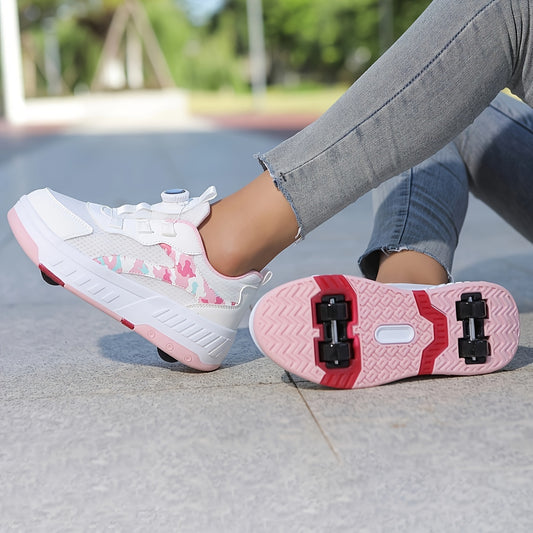 Stylish low top roller skateboard shoes for girls with rotating button, retractable roller skates for indoor/outdoor parties, all year round.