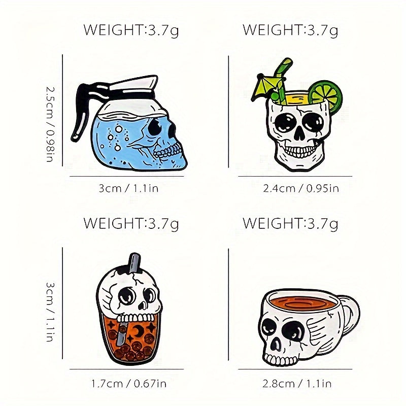 Set of 4 Halloween Enamel Pins featuring Adorable Cartoon Skulls and Coffee Cups - Perfect for Backpacks, Hats, and Jackets | Trendy Zinc Alloy Fashion Accessories