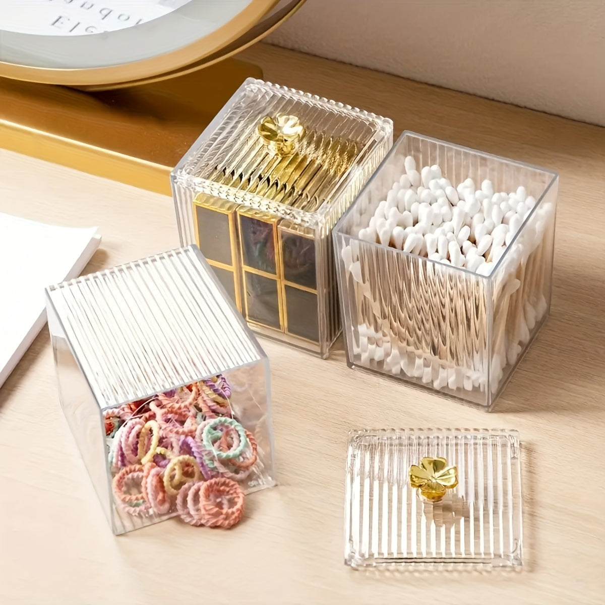 Clear makeup organizer for storage of beauty essentials, perfect for desk, dresser or office use.