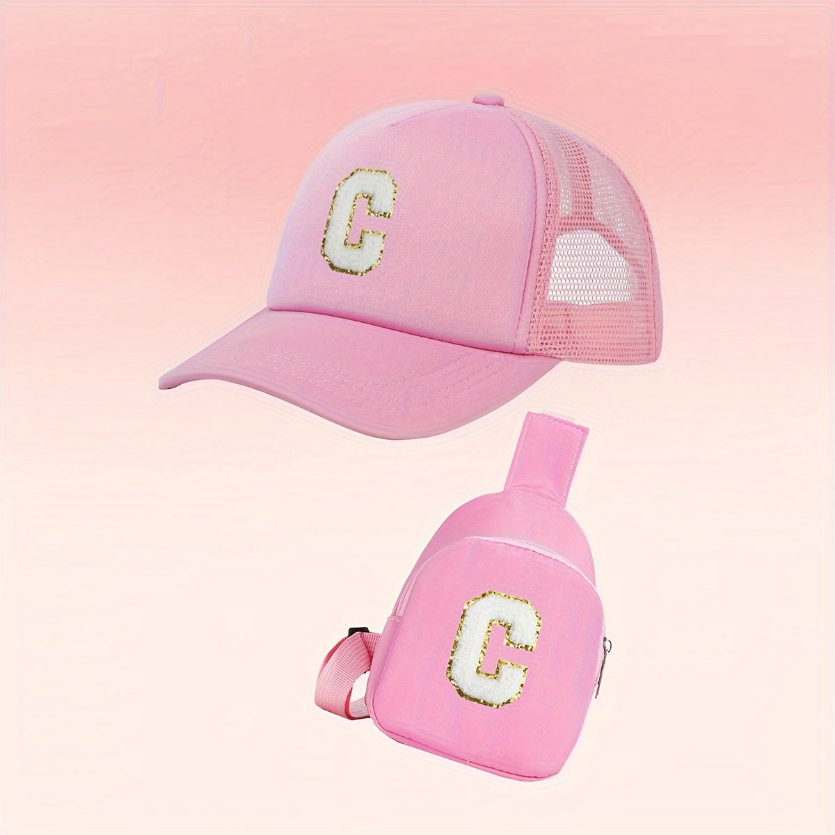 Alphabet-themed 2-piece set for girls includes a polyester baseball cap and bag, suitable for ages 3-14. Features a fitted, breathable design ideal for daily wear and special occasions