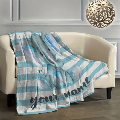 A modern and versatile fleece throw blanket featuring a customizable cartoon elephant design. This all-season, multi-purpose blanket is digitally printed on a polyester cover with a polyester lining. Knitted for cozy comfort, it weighs between 200-250g