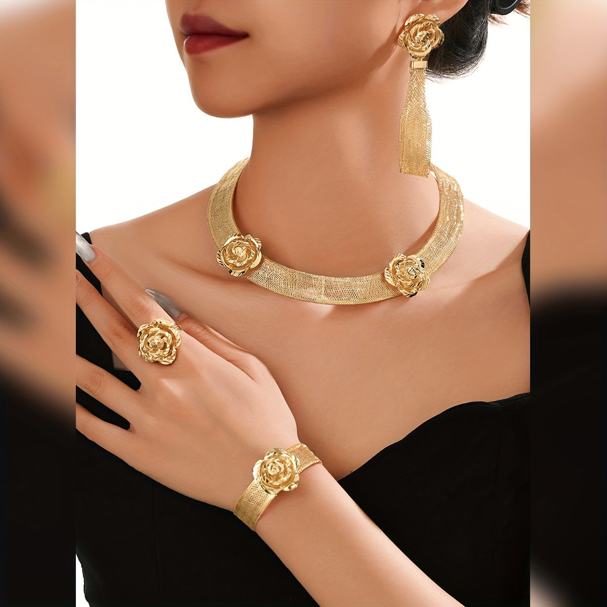 Upgrade your wardrobe with the MEIZ Vintage Classic Jewelry Set. This set includes a stunning 18K Golden Plated Copper Necklace, Bracelet, Ring, and Earrings designed in an elegant handwoven Middle Eastern style. Perfect for daily wear or as a special