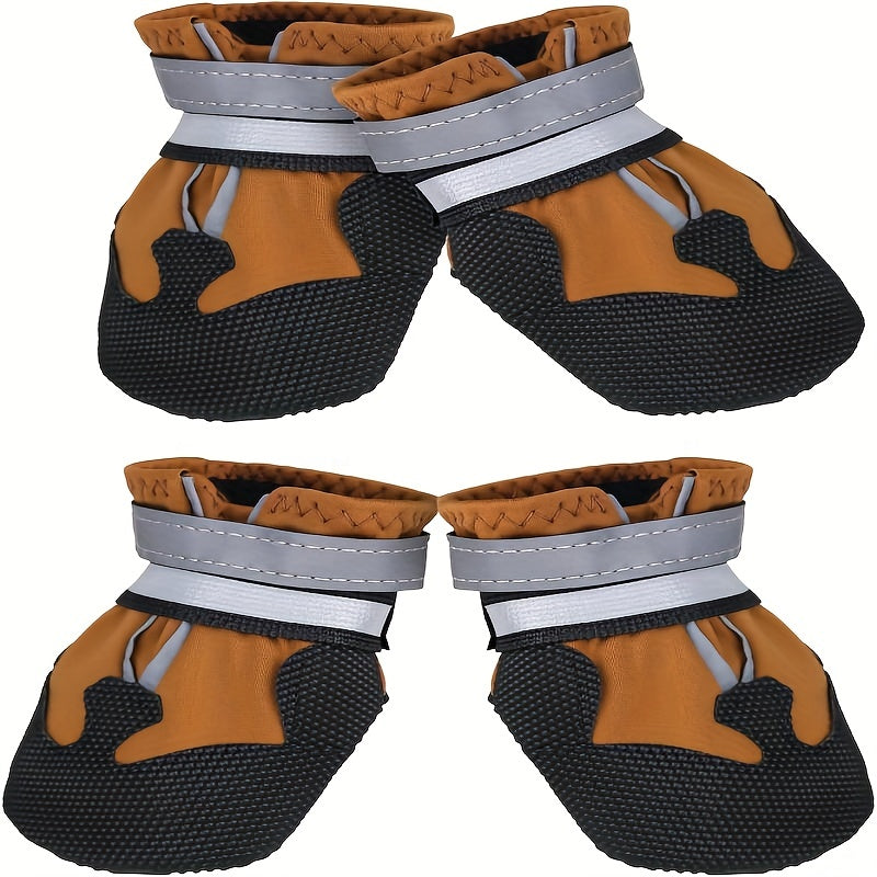 4 waterproof dog boots with reflective straps keep your dog's paws safe and dry.