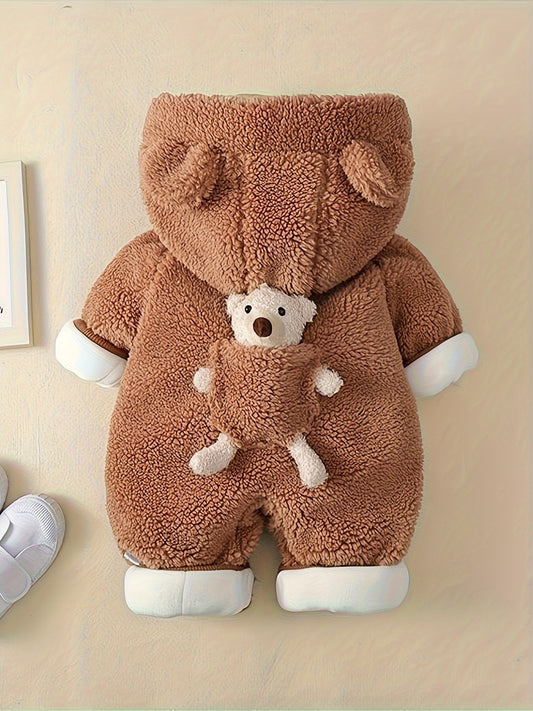 Newborn bear-themed hooded jumpsuit for babies, suitable for indoor and outdoor wear.