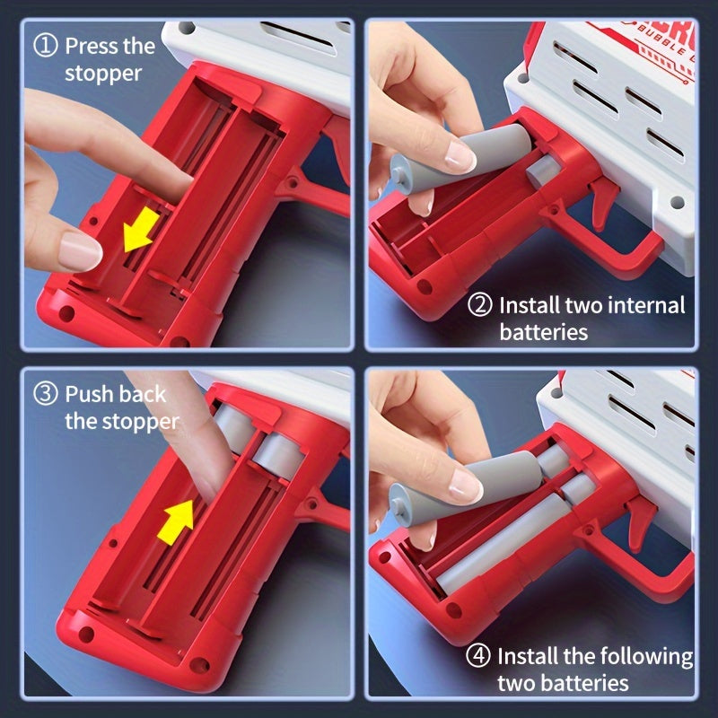 Portable electric bubble gun toy with 40 holes, colorful bubble streams, and mechanical style for summer parties and birthdays. Batteries and bubble solution not included. Safe and fun