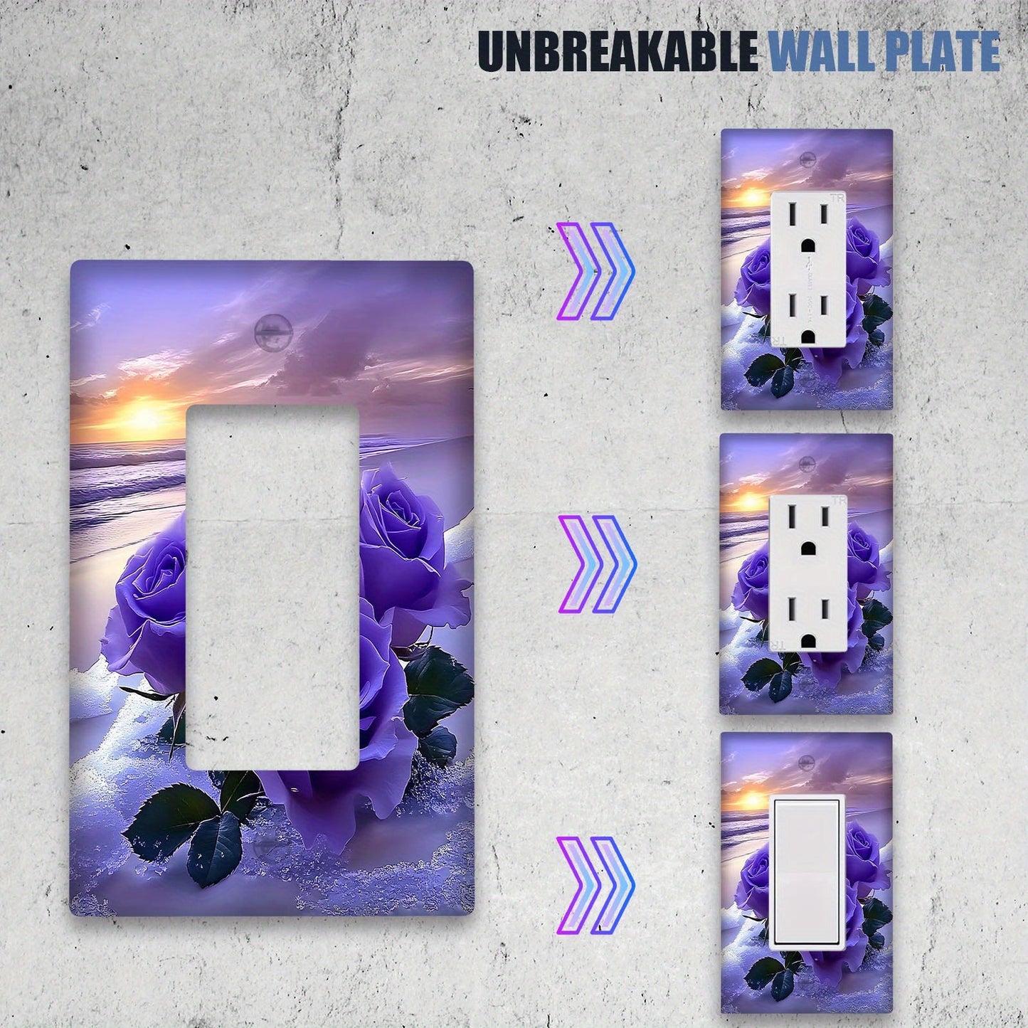 Wall plate with lavender purple rose design and socket switch cover. Enhance indoor and outdoor decor in bedrooms, kitchens, homes, and bathrooms. Power supply not included.