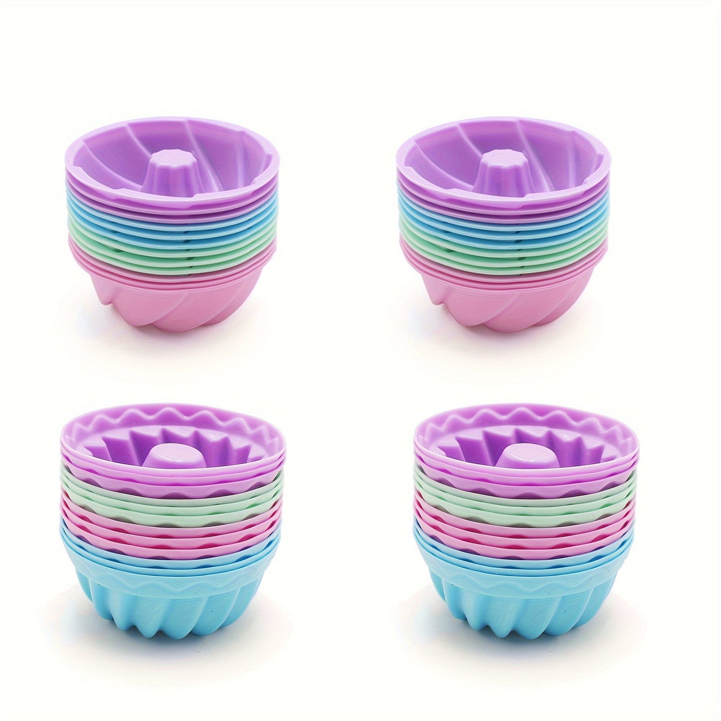 Silicone Bundt Keks Qovoq Seti - 12 ta yopishmaydigan Mini Fluted Keks Qoplari, 6.35 sm Spiral Silikon Qovoqlari - Bagel, Muffin, Jeli va Keks Pishirish uchun Isiga Bardoshli Pishirish Asboblari