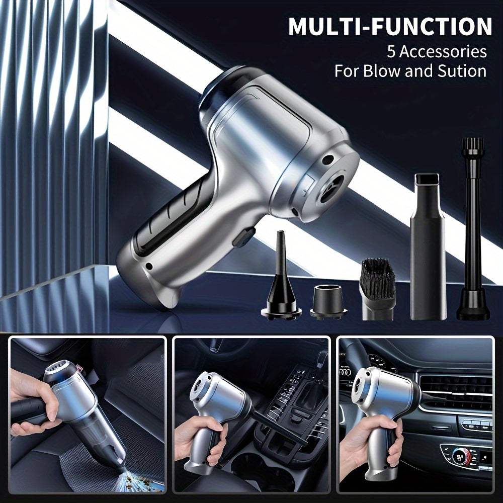 Portable cordless handheld vacuum cleaner with rechargeable brushless motor cyclone suction, suitable for car, office, and home use. Can be used for both suction and blowing, making it a