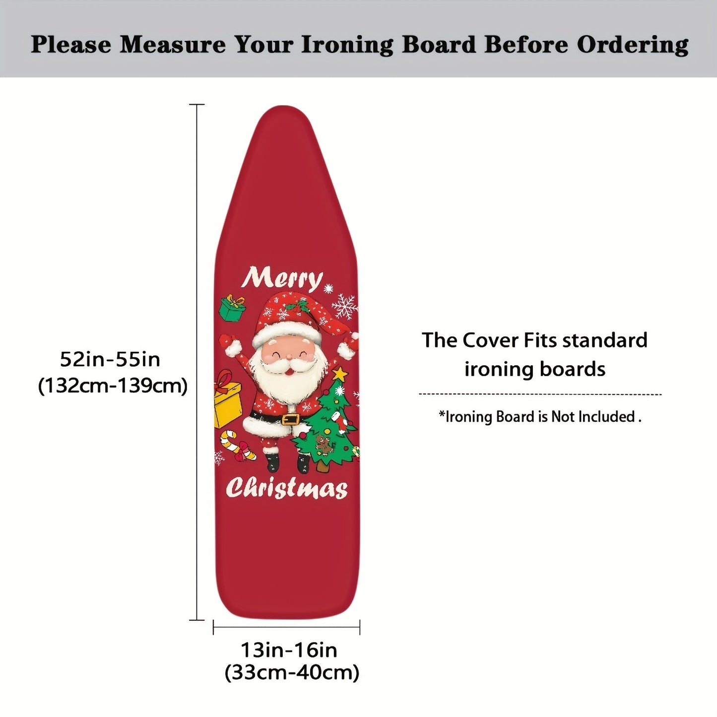 Elastic Christmas-themed ironing board cover fits most sizes and offers festive dust protection for your home decor.