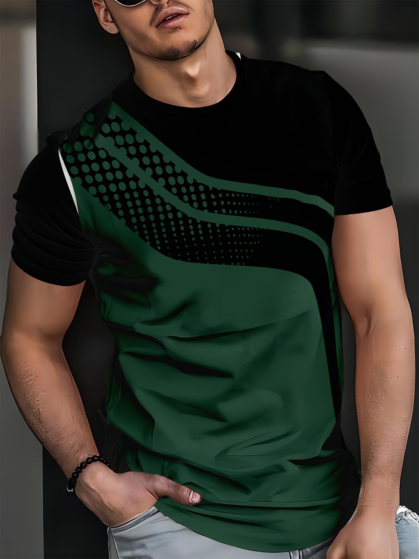 Stylish men's black and gray striped short sleeve t-shirt with digital print. Made of breathable, moisture-wicking polyester. Durable and easy to machine wash. Perfect for casual or dressy