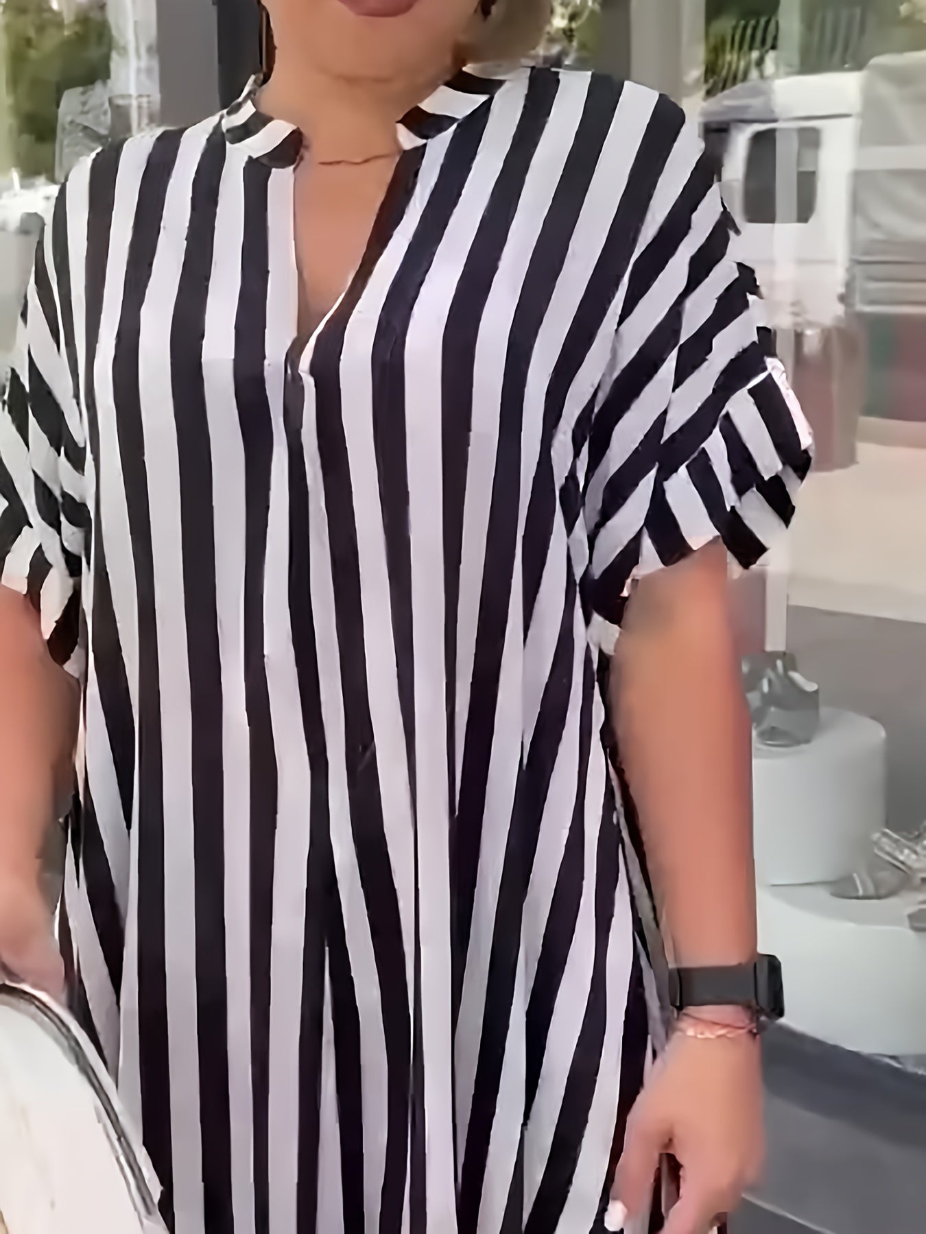 Plus Size Striped Split Longline Dress with Short Sleeves and Notched Neck for Spring & Summer, Women's Plus Size Clothing