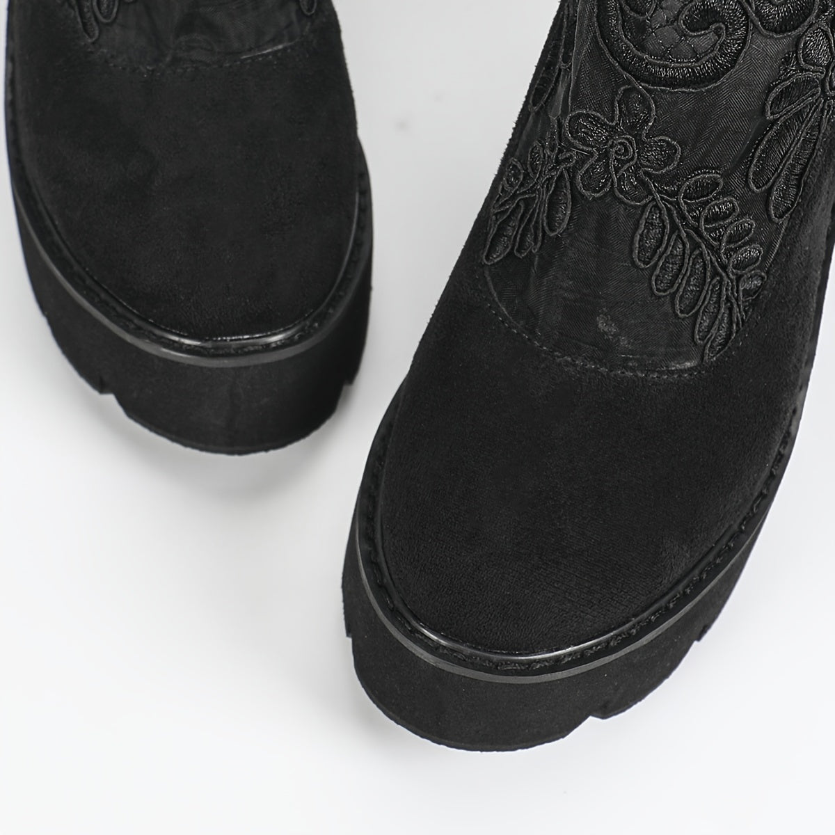 Women's Floral Embroidered Ankle Boots with Black Mesh, Zippered Mid-Calf, Chunky Heel, Corduroy Upper, Fabric Lining, Rubber Sole, Velvet Insole.