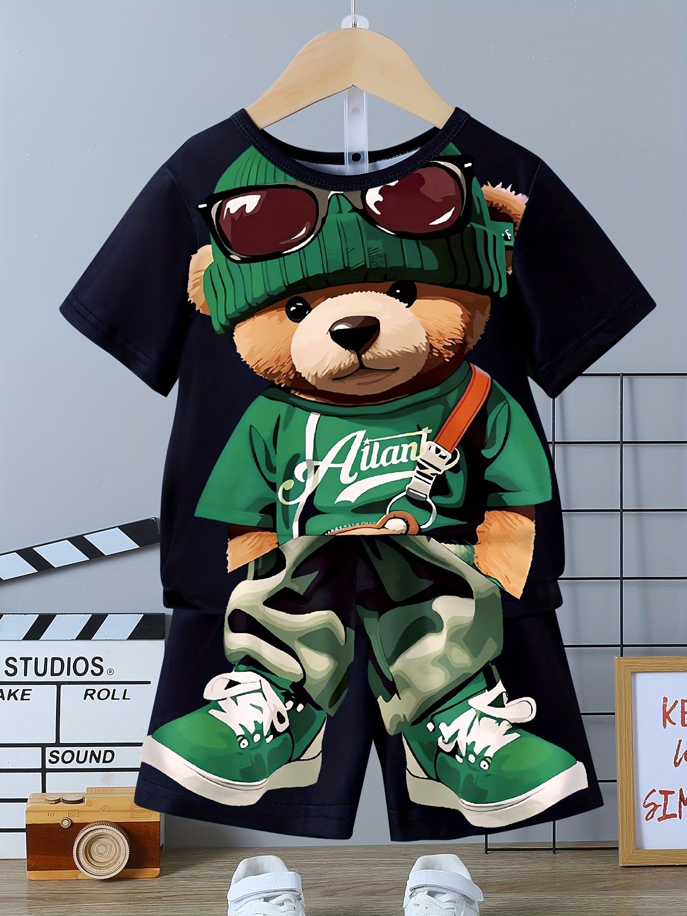 Boys' Cartoon Bear Outfit: Crew neck T-shirt and knit shorts with slight stretch for summer.