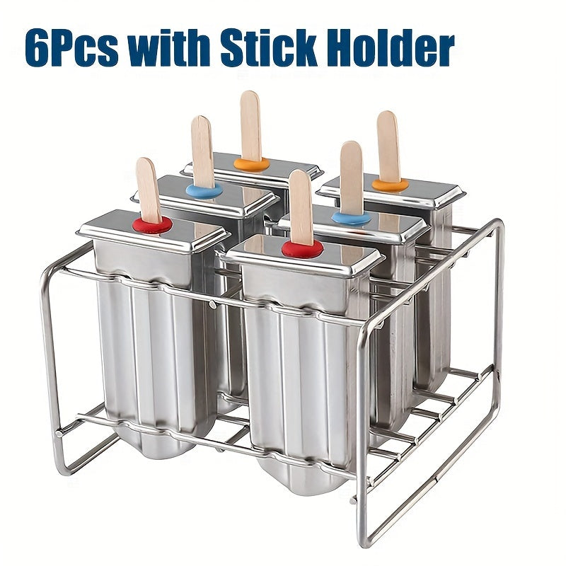 6 or 10 piece set of 304 stainless steel popsicle molds with cover, stainless steel popsicle stand base, and ice cream sticks for DIY golden popsicle molds and creative fruit popsicle molds. Essential kitchen tools for making delicious treats.