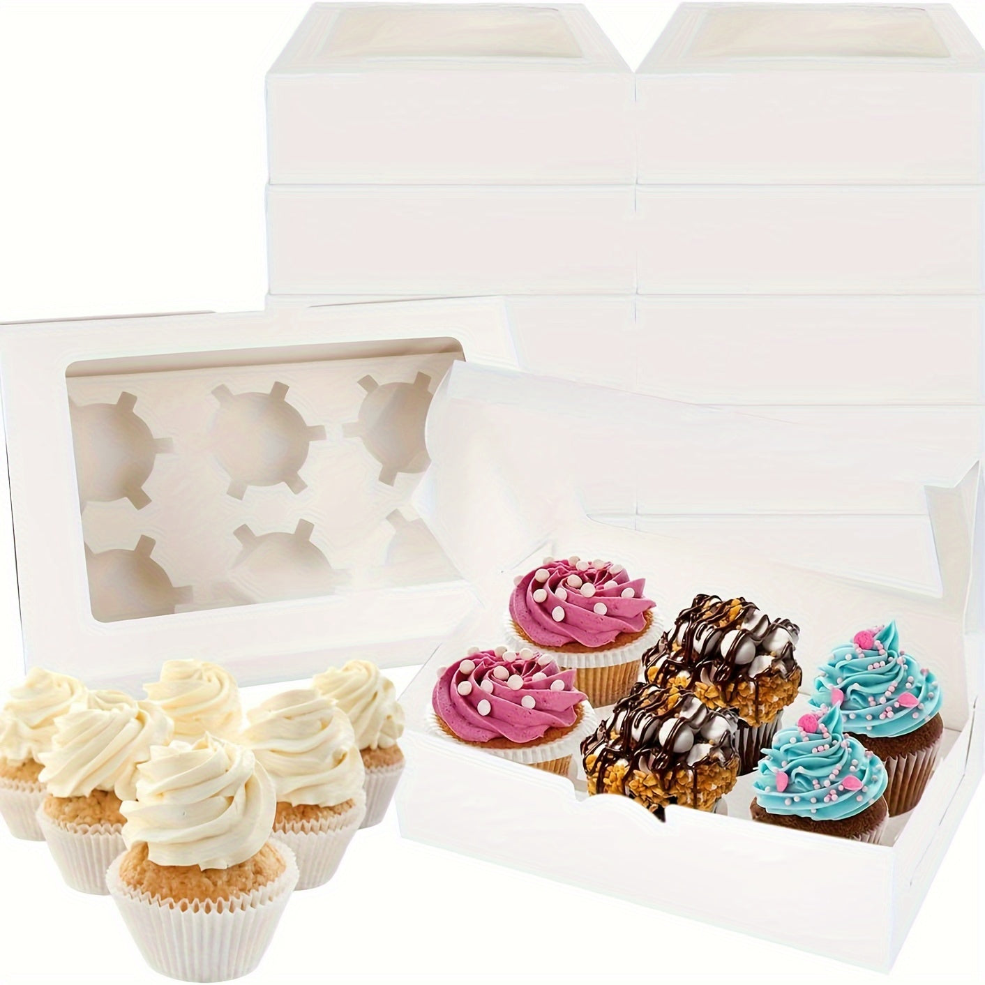 10 to 50 pieces of cupcake boxes in varying sizes (1, 2, 4, 6, 12 holes) with a transparent window. These white cardboard boxes are perfect for muffins, tarts, biscuits, snacks, desserts, and cakes. Ideal for use in cake houses, parties, bakeries, and as