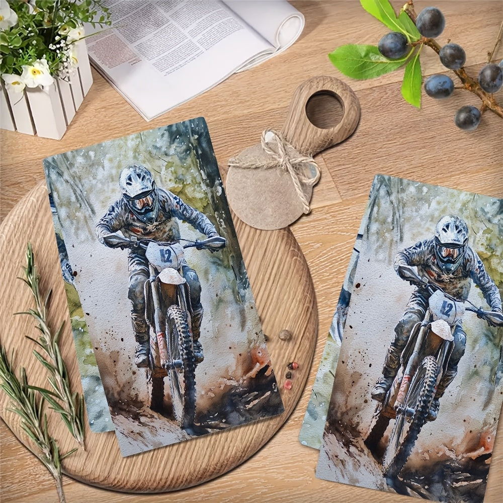 Set of 2 Ultra Soft Kitchen Towels with Enduro Bike Rider Design, Super Absorbent & Easy to Clean Dish Hand Towels, 40.64x60.96 cm - Ideal for Holiday Decor and Daily Use, Kitchen Towels