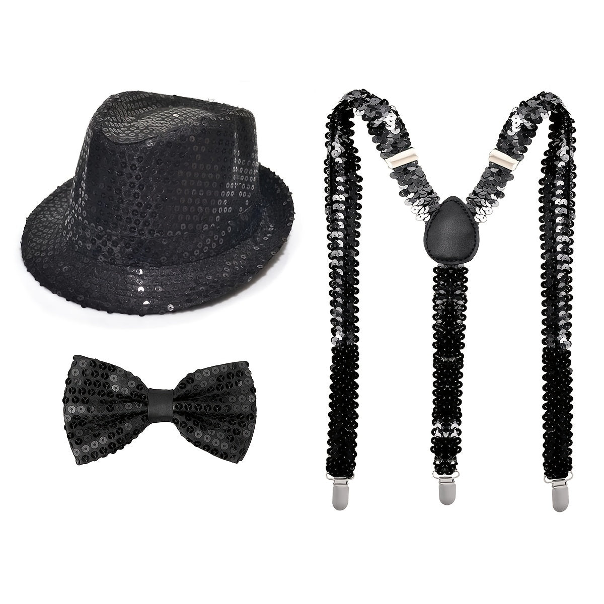 D EXCEED offers a set of three Disco sequin fedora hats with retro glitter accessories.