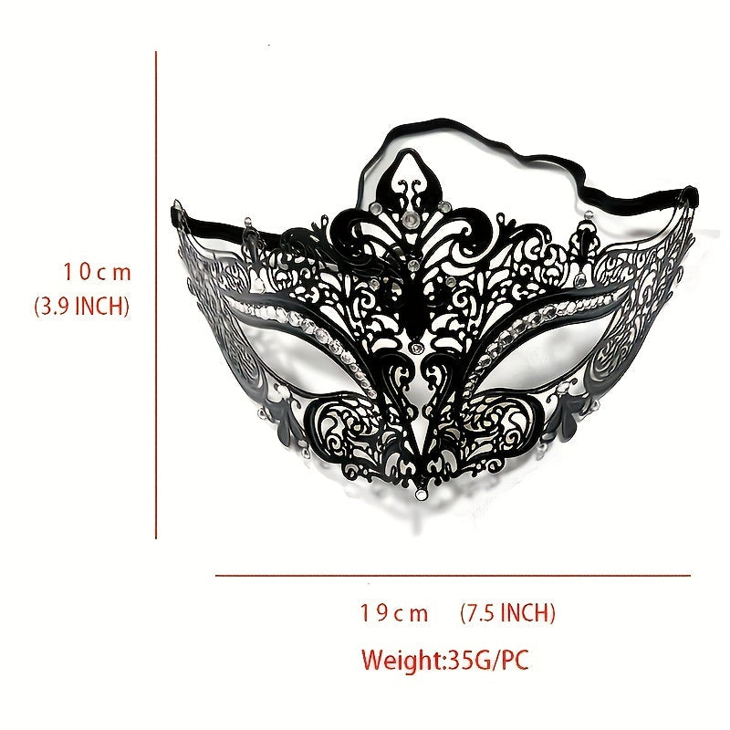 Venetian Party Prom Ball Metal Masquerade Mask adorned with Rhinestones for Women at Halloween Carnival Mardi Gras festivities.