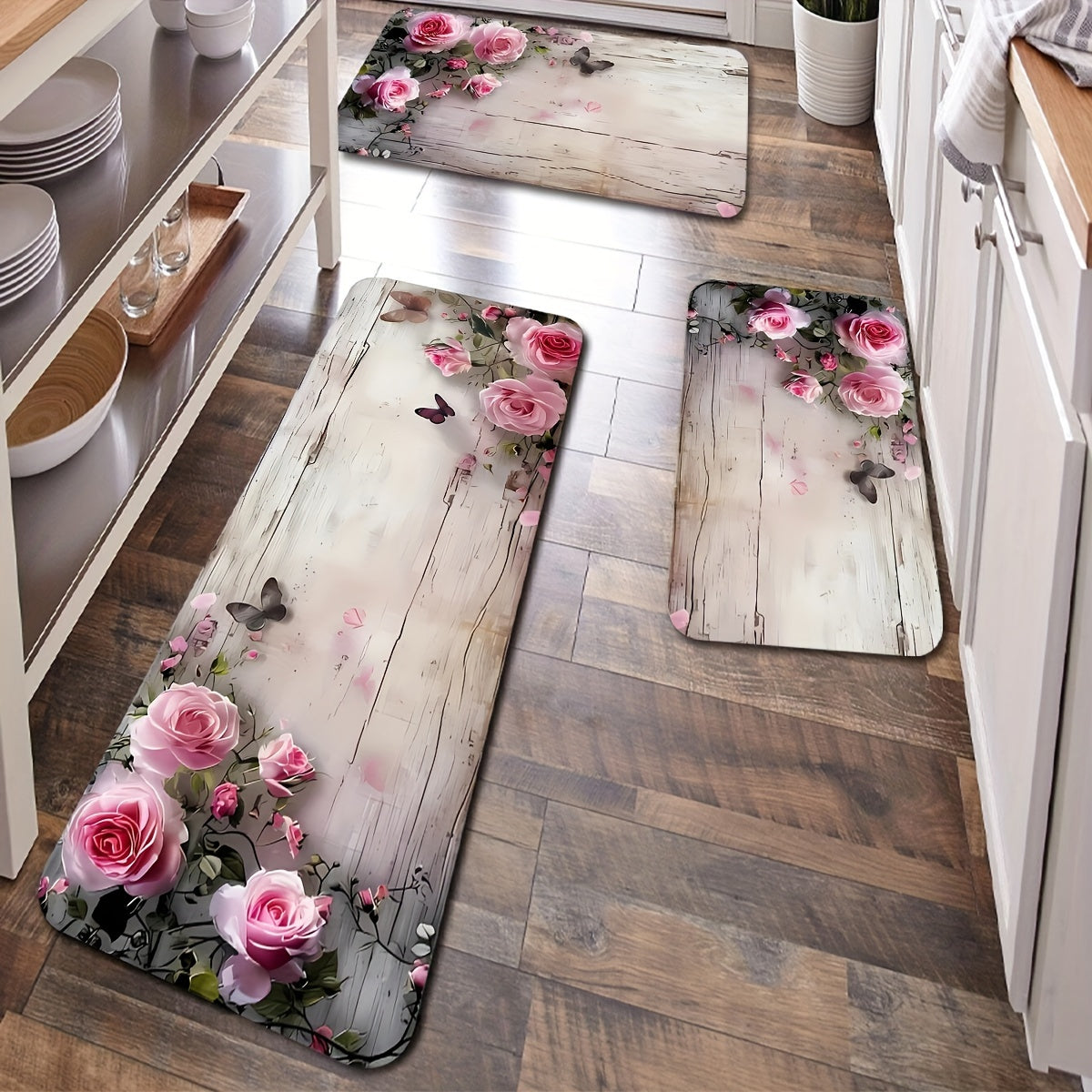 Rectangular Non-Slip Polyester Rug with Floral Design for Kitchen, Office, Entryway, Living Room, Bedroom, or Laundry Room - Machine Washable Indoor Doormat for Comfort and Anti-Fatigue with PVC Backing