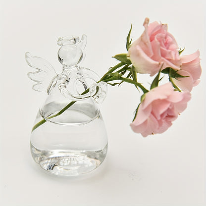 Stylish glass vase shaped like an angel, versatile for fresh or dried flowers, ideal for living room or dining table decor, no batteries needed.