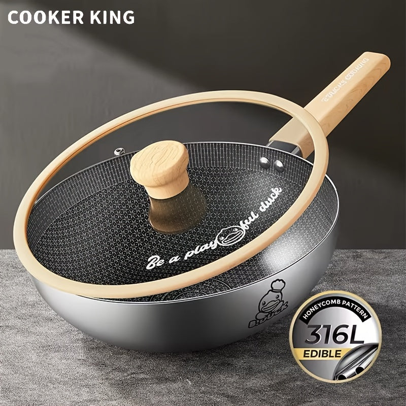 The COOKING KING Non-Stick Stainless Steel Wok Pan with Lid is PFOA Free and safe to use in the dishwasher and oven. It is also compatible with induction cooktops, making it a perfect choice for home kitchens.