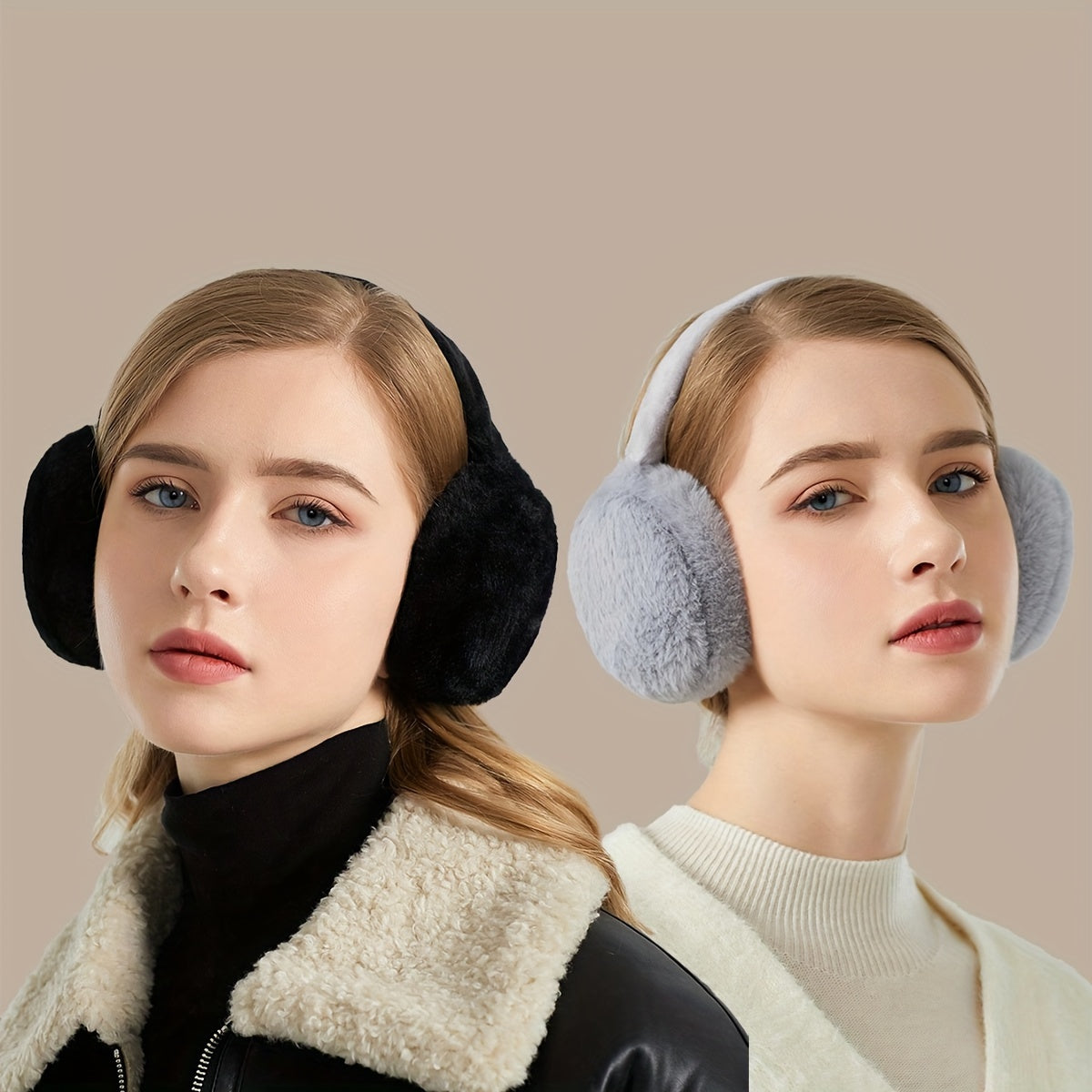 Set of 2 Women's Foldable Earmuffs in Solid Colors, Stylish and Portable Plush Warmth