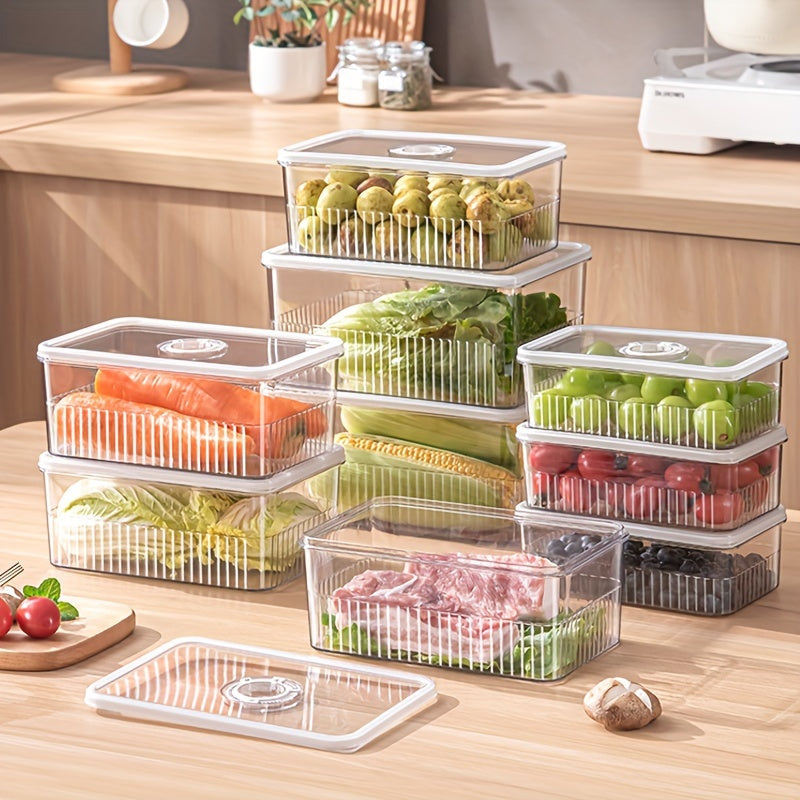 One set of three storage containers designed for multipurpose use, featuring leak-proof and stackable capabilities for keeping food fresh. These moisture-proof and reusable boxes are ideal for storing grains, meat, fruit, vegetables, and other kitchen