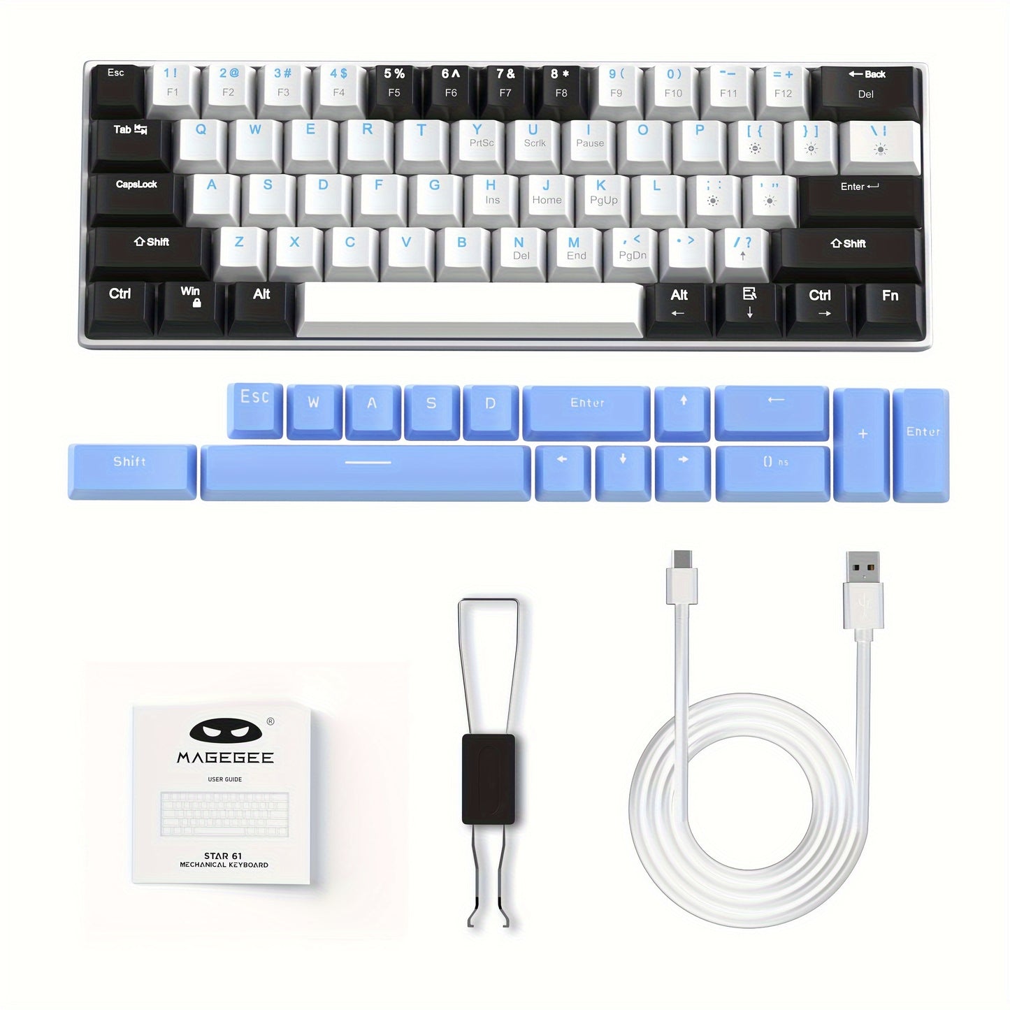 MageGee Ergonomic 60% Mechanical Gaming Keyboard with Blue Switches, Sea Blue Backlit, Compact and Portable for Gamers, USB Powered.