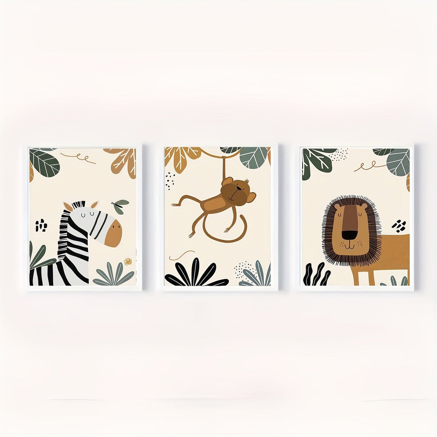 Bohemian Safari Animal Wall Art Prints Set featuring Lion, Monkey, and Zebra - 3 pieces, Frameless, Reusable, Made from Plant Materials, Perfect for Children's Bedroom & Nursery Decor, Canvas Posters for Home Living Space, Suitable for Ages 14 and Up.