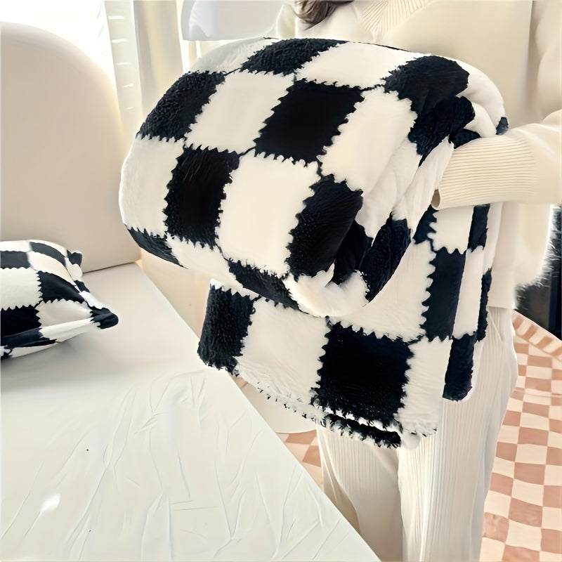 Traditional style soft panda velvet polyester cozy plaid flannel blanket, ideal for all-season use. This multipurpose throw is washable and perfect for travel, pets, and keeping warm during air conditioning. Weighs 300-350gsm.