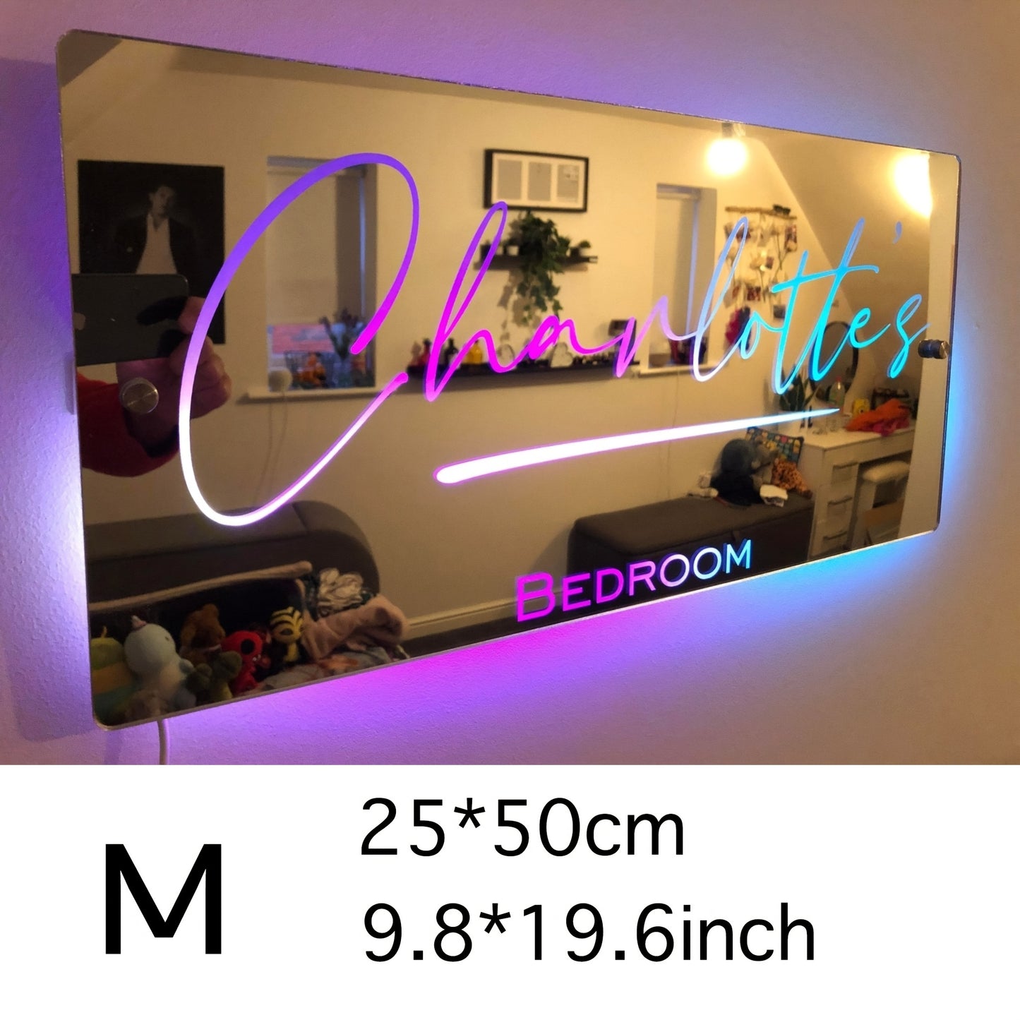 Custom name LED mirror light for bedroom, USB powered, wall-mounted with remote control - ideal for gifts and decorative purposes.