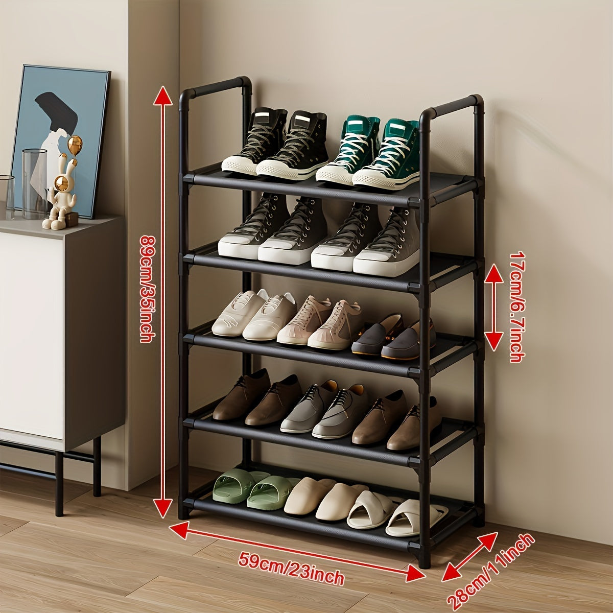 Metal pipes are included in this 2-5 tier space-saving underbed shoe rack, perfect for organizing shoes in your bedroom or hallway.