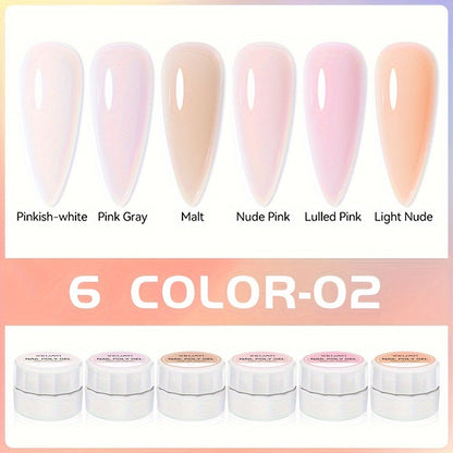 Set of 6 UV cured nail adhesives in various colors, smooth, quick-drying, ideal for nail art and salon use.