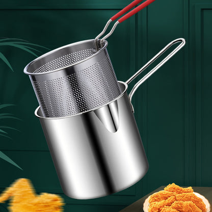 Small stainless steel frying pan for household use, suitable for induction cookers, perfect for making fried food such as French fries, fried chicken, rice pops, and chicken nuggets. This mini fuel-saving pan comes with a frying basket for added