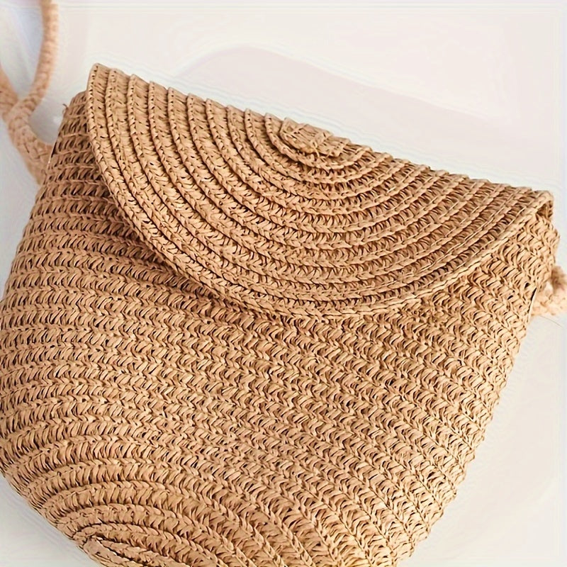 2-piece set: Women's Wave Khaki beach sun hat and woven shoulder bag, ideal for spring/summer beach trips.