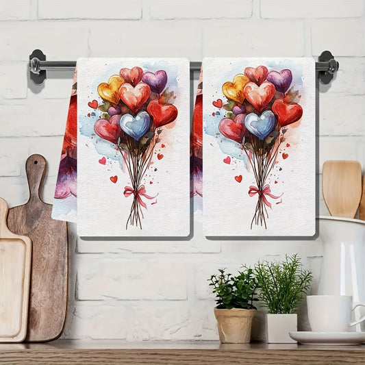 "Set of 2 Ultra Plush Kitchen Towels featuring Valentine's Day Heart Balloon Design, Exceptionally Absorbent & Easy to Clean Dish Hand Towels, Size 40.64x60.96 cm, Modern Watercolor Style perfect for Holiday Decoration, Ideal for Drying Dishes