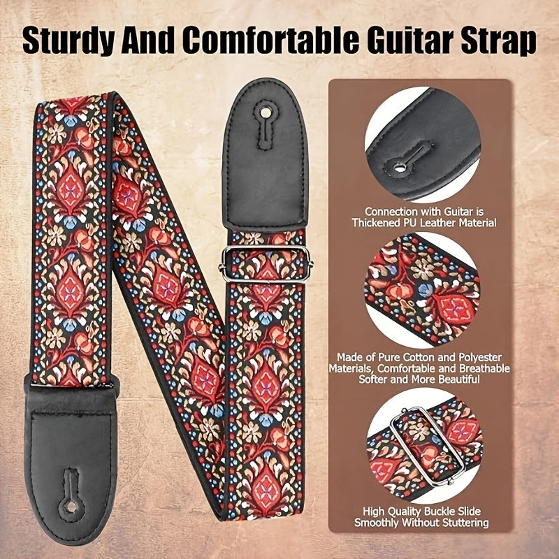 Vintage Blue Floral Embroidered Guitar Strap with Faux Leather Ends - Durable strap for Bass, Electric & Acoustic Guitars