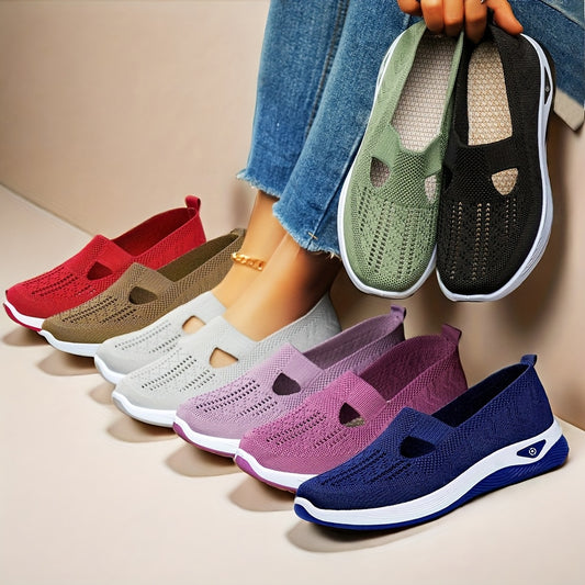 Women's lightweight knitted sneakers with PVC sole, fabric insole and upper, all-season wear, slip-on closure, machine washable.