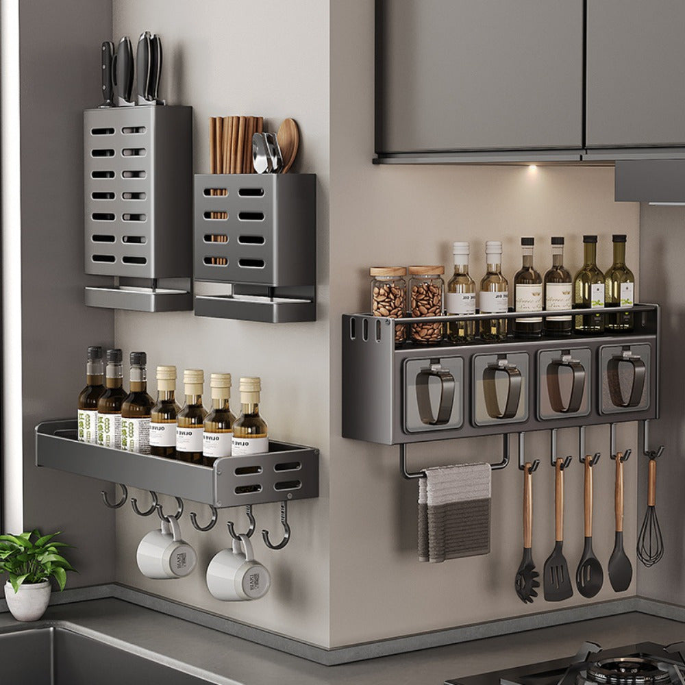 Modern Wall-Mounted Metal Spice Rack Organizer with Hanging Shelf - Convenient Kitchen Storage Solution for Seasoning Jars, Utensils, and Accessories - Includes Home Use Combination Set