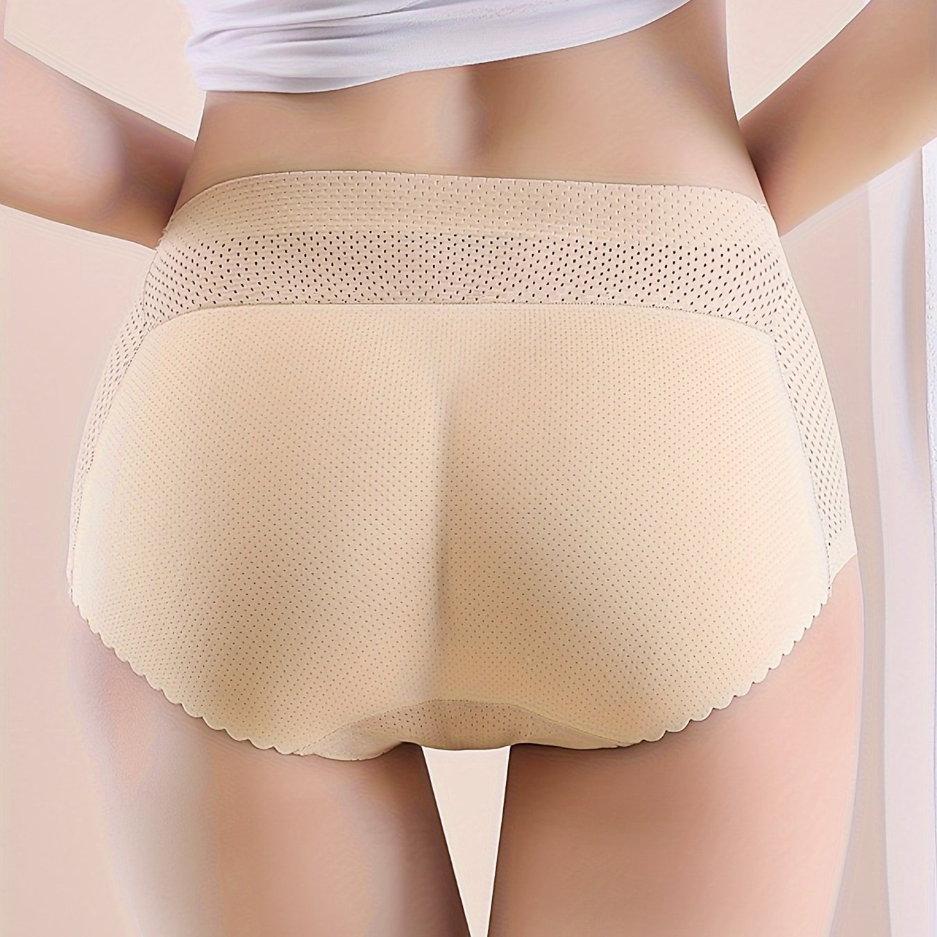 Seamless & breathable shaping panties for women, with scallop trim. Made of comfortable nylon blend, featuring medium support and butt lifting design in beige color. Hand washable.