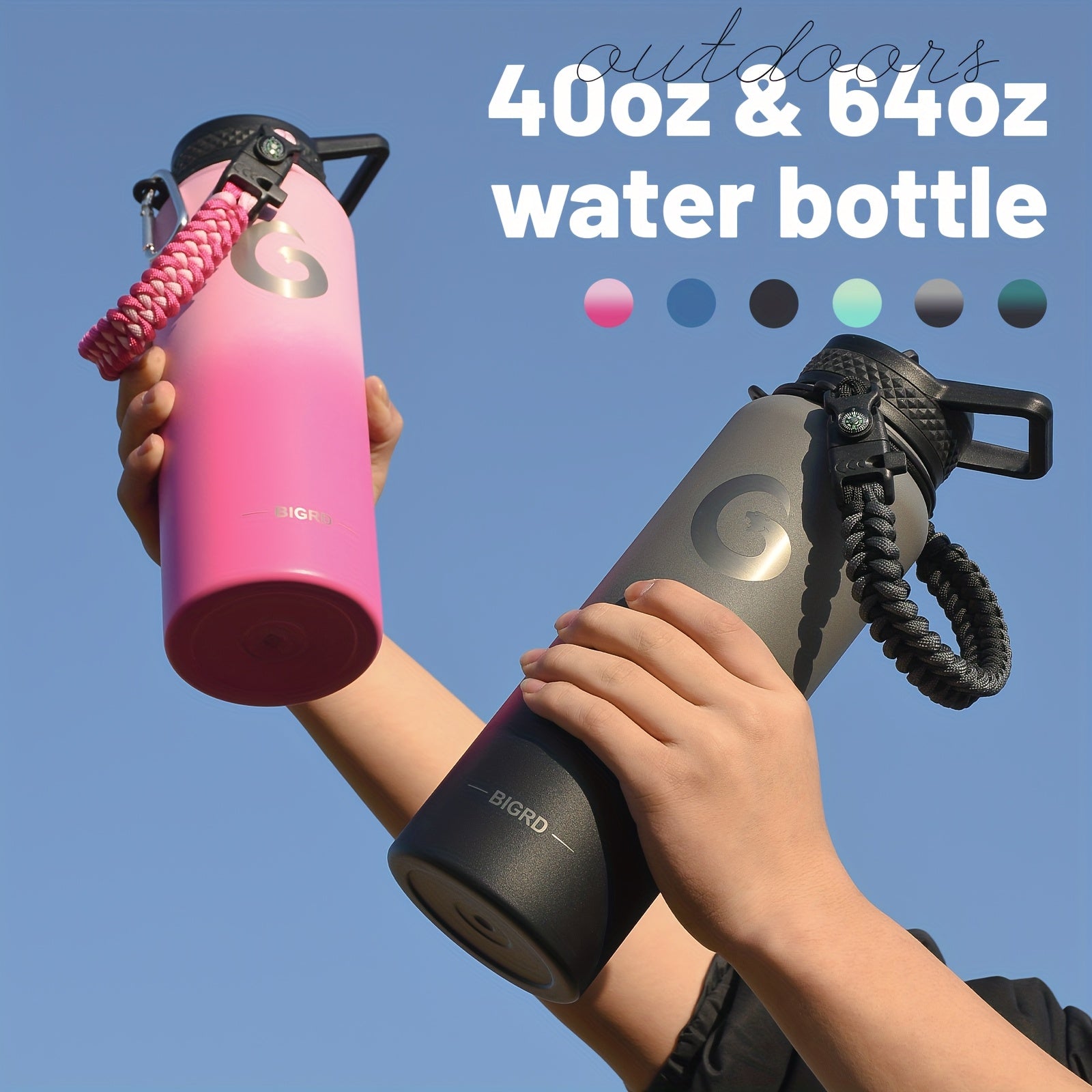 1pc BIGRD insulated water bottle with paracord handle and straw spout lid, available in 40oz/1183ml and 64oz/1893ml sizes, triple vacuum stainless steel keeps drinks cold for 48 hours.