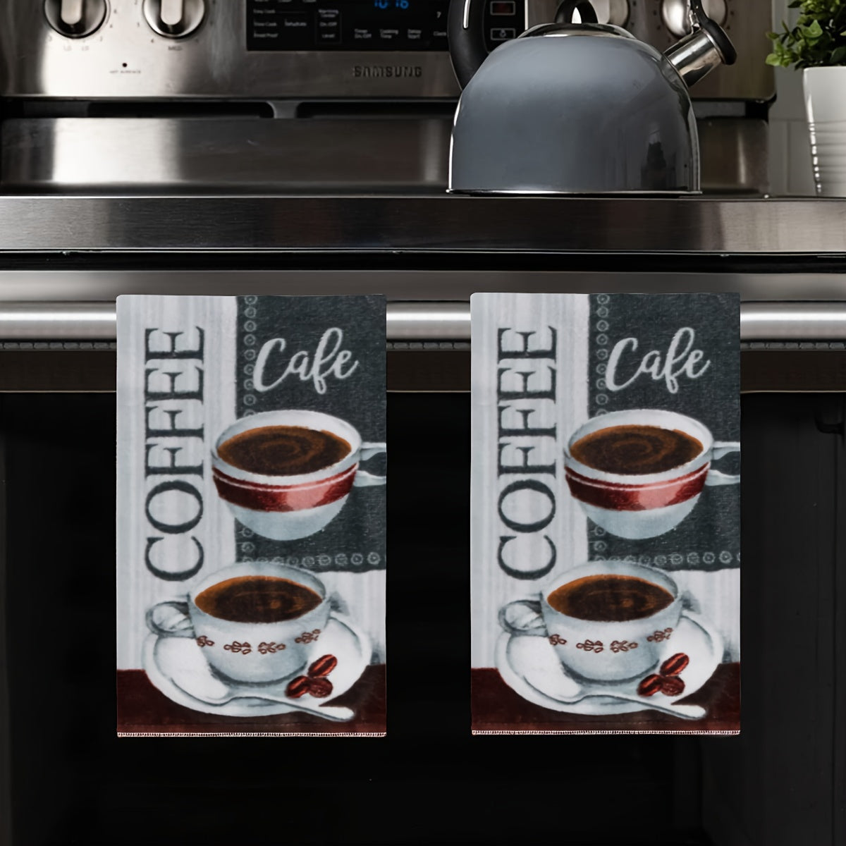 2 Coffee Lover's Kitchen Towels featuring Latte & Cappuccino Art - Perfect for Cafe Decor or Housewarming Gifts