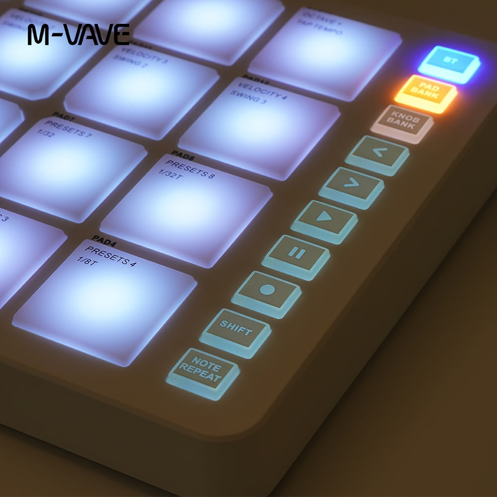 Portable MIDI controller with USB charging, 2000mAh battery, wireless capabilities, ≤36V voltage, and USB-C interface, ideal for percussion keyboard use.