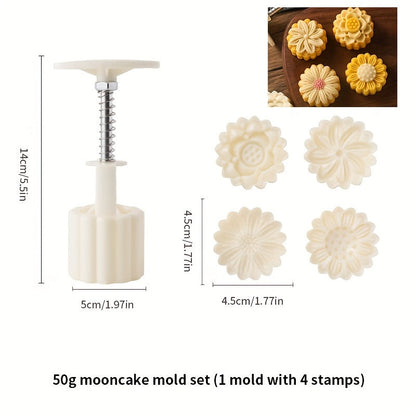 1 Set of Flower Moon Cake Mold with 1 Mold and 4 Stamps, DIY Hand Press Moon Cake Stamps for Mung Bean Cake, Mid Autumn Festival Pastry Mold, Flower-Shaped Moon Cake Maker, Baking Tools, and Kitchen Gadgets