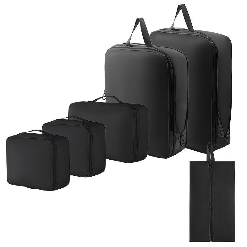 Durable 6-piece packing cubes set made of polyester for organizing clothes, toiletries, and luggage while traveling.