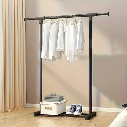 Sturdy Metal Clothes Rack with Built-In Shelf - Standalone, Simple Assembly for Organizing Bedroom & Balcony, Includes Handy Hooks for Versatility