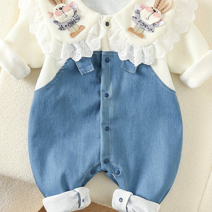 Qidan's Rabbit Doll Collar Denim Romper, perfect for outdoor wear