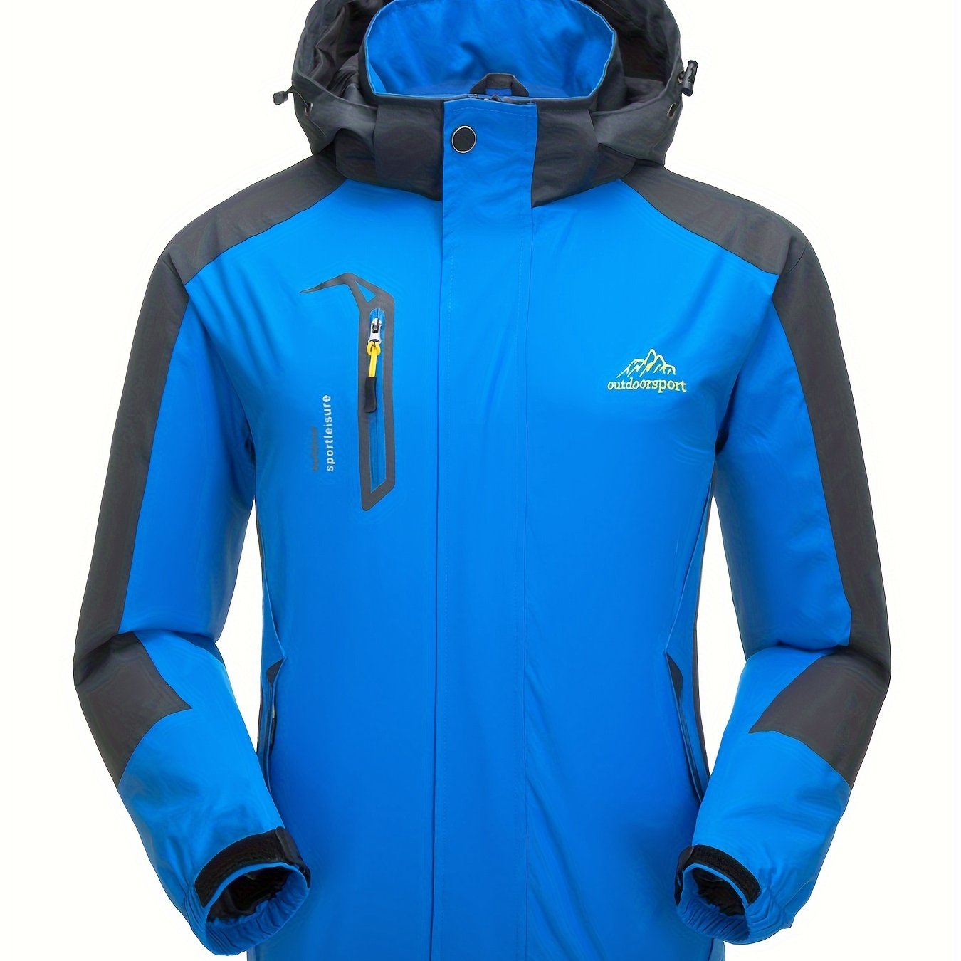 Windproof hooded softshell jacket for men, ideal for hiking and camping with multiple pockets.