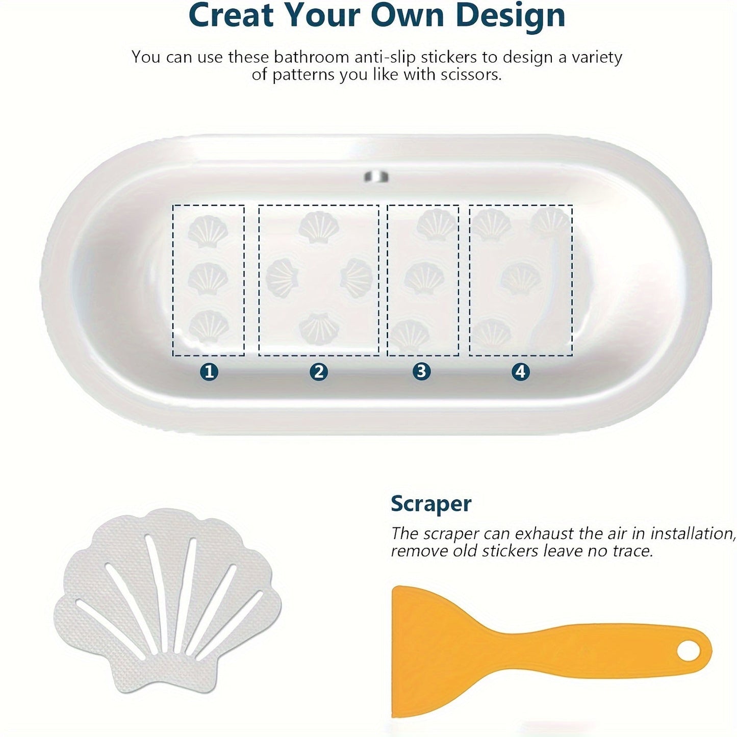 Нескользящие наклейки для ванны доступны в наборах по 3, 12 или 24 штуки, с прозрачными формами ракушек для использования на ваннах, полах душевых кабин, лестницах и стремянках.
