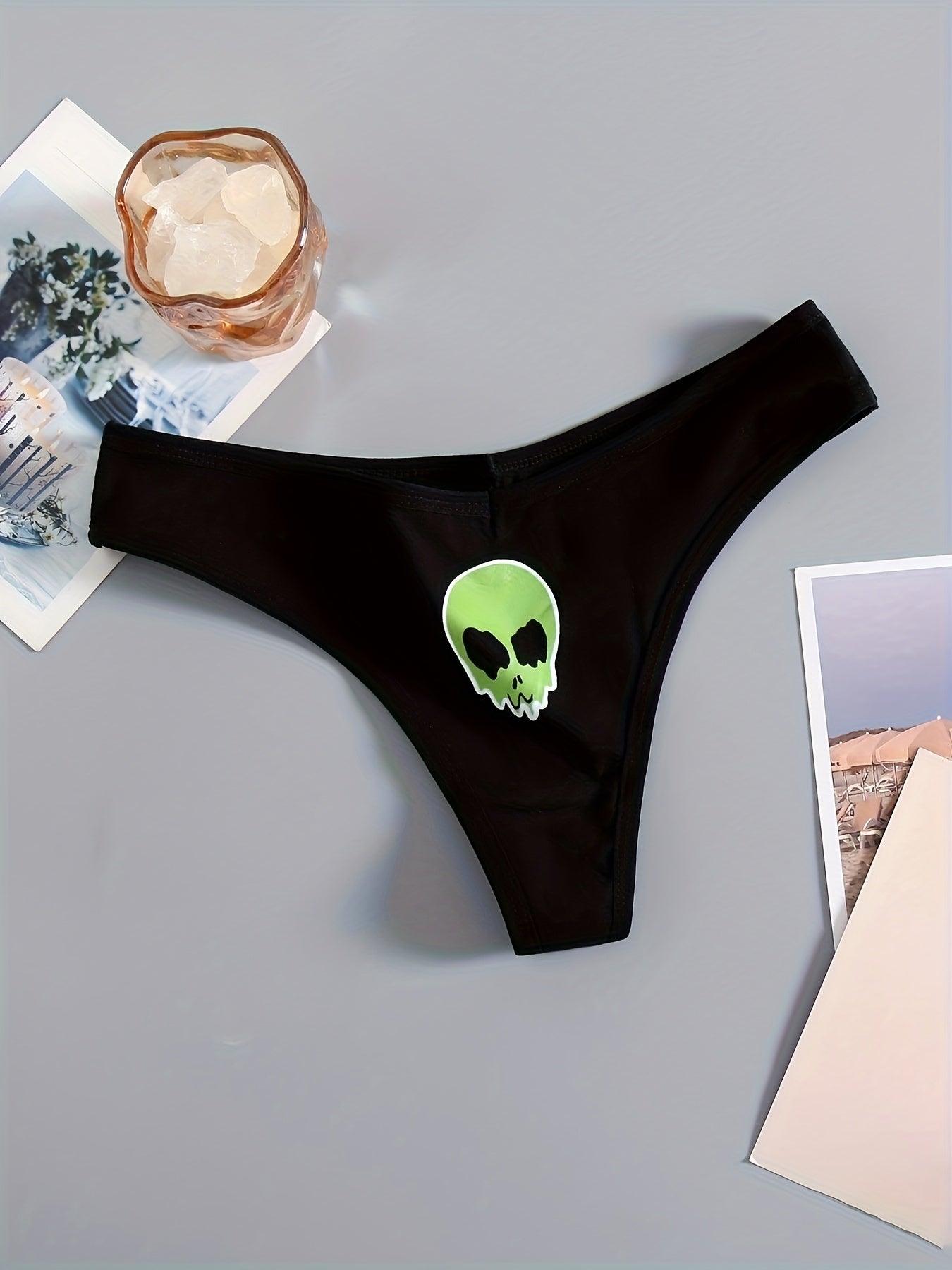 3 Skull Print Thongs, Soft & Stretchy Women's Lingerie